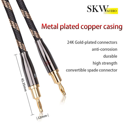 SKW Single Audiophile Speaker Cable, Interchangeable Banana Plug Cable, Gold-Plated Connector, Nylon Braid, HiFi Quality Cable (1 Cable for 1 Speaker, 1.5M)
