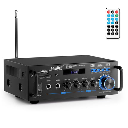 Moukey 2.0 kanaliga stereo Bluetooth karaoke võimendi, 100W stereo helivõimendi vastuvõtja, HiFi võimendi RCA, USB, SD, 2 mikrofoni sisendiga, FM-raadio autosse või koju, MAMP3