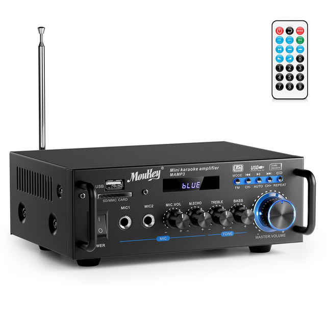 Moukey 2.0 kanaliga stereo Bluetooth karaoke võimendi, 100W stereo helivõimendi vastuvõtja, HiFi võimendi RCA, USB, SD, 2 mikrofoni sisendiga, FM-raadio autosse või koju, MAMP3