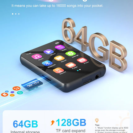 64GB MP3 Player Bluetooth 5.3, HiFi Lossless Sound Music Player with Speaker, Voice Recorder, FM Radio, 2.4 Inch Full Touchscreen Metal MP3 Body, Supports up to 128GB