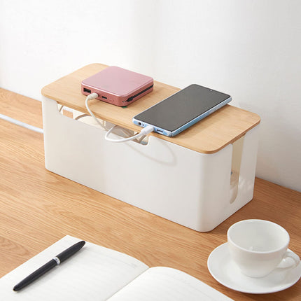 Cable management box with wooden lid, 23 x 12 x 11.7cm white plastic cable box desk cable organizer small cable box for hiding TV computer router cables sockets