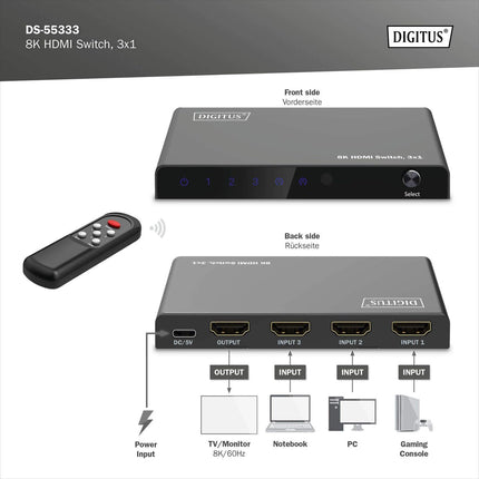 DIGITUS DS-55333 HDMI-lüliti 3x1 – 3 sisendit, 1 väljund – UHD 8K/60 Hz HDTV: 7680 × 4320p – HDCP 2.3 ja HDMI 2.1 – HDR, CEC, Deep Color, DTS, Dolby Digital, LPCM – teleri, monitori, PS5, PS4, Xboxi jaoks
