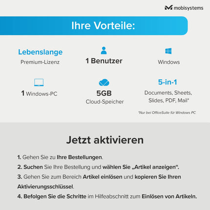 OfficeSuite kodu ja äri | 5-ühes kontoritarkvarapakett | Dokumendid, arvutustabelid, esitlused, PDF-id, e-post ja kalender | Eluaegne litsents | 1 Windowsi arvuti | 1 kasutaja [arvuti võrgukood]