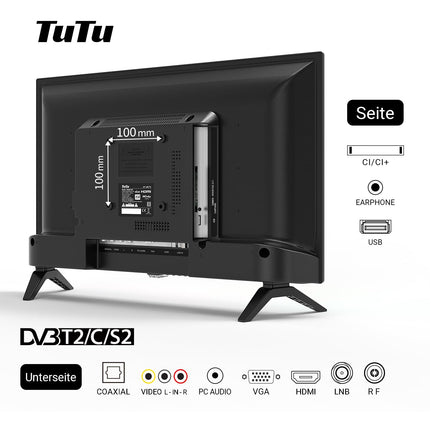 TuTu TV 24-tolline (60 cm) HD LED-teler kolmekordse tuuneriga (DVB-T/T2-CS/S2), USB-meediapleieriga, HDMI, VGA, CI/CI+, hotellirežiim (2024, 220 volti)