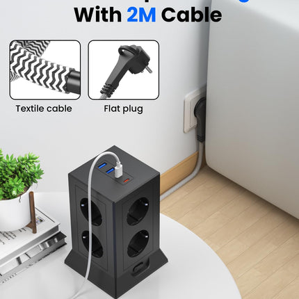8-suunaline pikendusjuhe 4 USB-C pistikupesa adapteriga, pikendusjuhe ülepingekaitsega, pistikupesa lülitiga, toitejaotur 2m kaabliga kontorisse ja koju, must