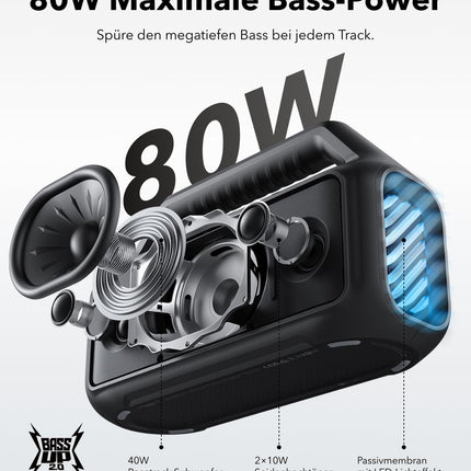 Soundcore by Anker, Boom 2 Outdoor Speaker, 80W, Subwoofer, BassUp 2.0, 24h Battery, IPX7 Waterproof &amp; Floats, LED Light, USB-C, EQ, BT 5.3, Portable Bluetooth Speaker, Camping, Beach, Garden