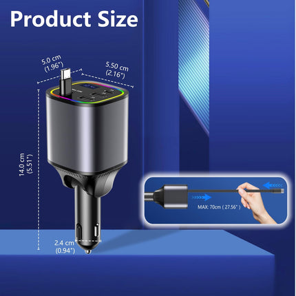 AGEMANY USB sigaretisüütaja adapter 78W, 4-ühes autolaadija sigaretisüütaja USB C kiirlaadija autotelefoni laadijad sissetõmmatav RGB-tulega iPhone'ile, Androidile, autotarvikud (hall)