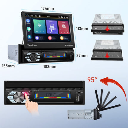 Car Radio 1 Din Apple Carplay with Screen Motorized Extendable with Android Auto Bluetooth, 7-inch Media Receiver Car Radio Stereo with FM Radio/Mirror Link + Rear View Camera and Microphone