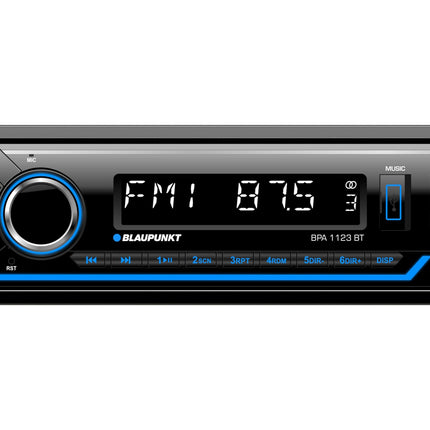 Blaupunkt BPA 1123 BT, 1-DIN autoraadio, FM-RDS, Bluetooth, käed-vabad süsteem, 2xUSB, Aux-sisend, subwoofer-väljund, mitmevärviline, 200 W