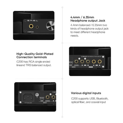 SMSL C200 USB DAC kõrvaklapivõimendi XMOS ES9038Q2M 4xOPA1612 USB/optiline/koaksiaalkaabel/Bluetooth sisendiga helidekooder TRS/RCA/4,4 mm tasakaalustatud/6,35 mm kõrvaklapipesa DSD512 32 bitti/768 kHz kõrvaklapivõimendi
