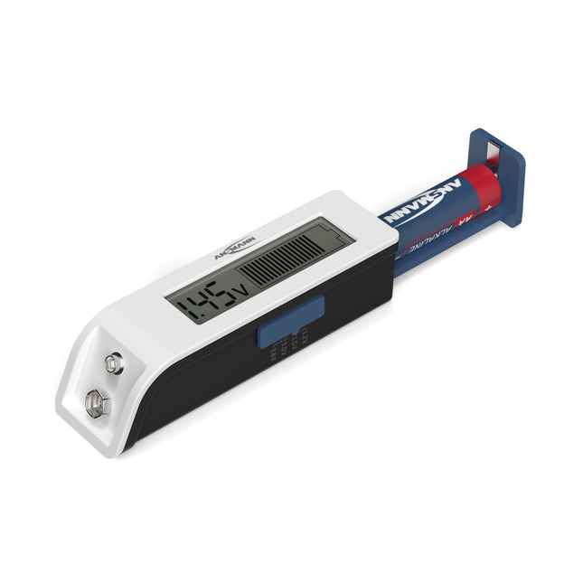 ANSMANN battery tester for rechargeable batteries and batteries AAA, AA, C, D, 9V, Li-Ion, button cells, and more. Battery tester, quick and easy display of charge status, compact and reliable for home and on the go.