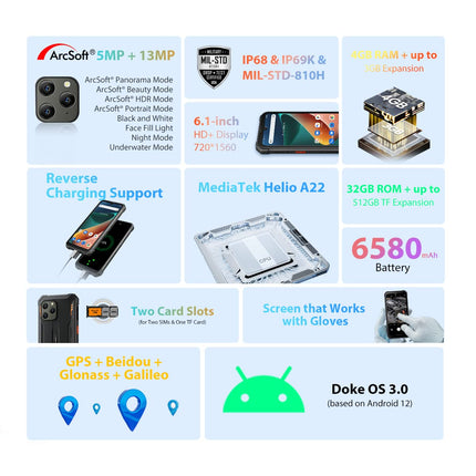 Blackview lepinguta õues kasutatav nutitelefon BV5300, ArcSoft® 13MP+5MP, 4GB+32GB (1TB laiendus), 3 kaardipesa, Android 12 DUAL SIM IP68 veekindel nutitelefon, 6.1'' HD+, 6580mAh aku, GPS must