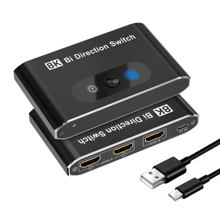 HDMI-lüliti 8K HDMI 2.0 jaotur, alumiiniumist kahesuunaline HDMI-lüliti 2 sisendit 1 väljund, HDMI-lüliti jaotur 1 x 2/2 x 1, toetab 8K 3D HD 1080P pistikut ja mängimist Xbox PS4 Roku HDTV jaoks