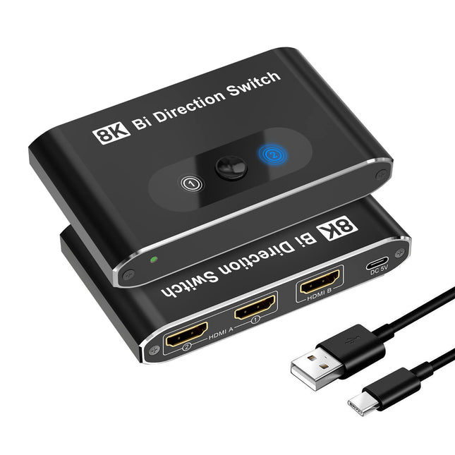 HDMI-lüliti 8K HDMI 2.0 jaotur, alumiiniumist kahesuunaline HDMI-lüliti 2 sisendit 1 väljund, HDMI-lüliti jaotur 1 x 2/2 x 1, toetab 8K 3D HD 1080P pistikut ja mängimist Xbox PS4 Roku HDTV jaoks