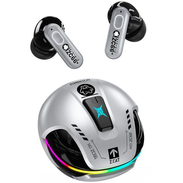 ZOMBIES CAT juhtmevabad Bluetooth-kõrvaklapid, mürasummutavad kõrvaklapid, sügava bassiga Bluetooth-kõrvaklapid, juhtmevaba Bluetooth 5.4, RGB-valgus, kõrvasisesed kõrvaklapid Androidile ja iOS-ile, B5 hõbedane