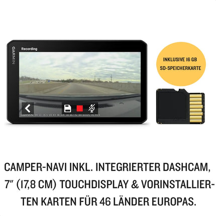 Garmin CamperCam 795 MT-D EU – integreeritud armatuurlaua kaamera, kokkupõrkehoiatuse ja sõidurajalt lahkumise hoiatusega navigatsiooniseade matkaautodele/haagissuvilatele, sh 3D-kaardid Euroopa ja Lõuna-Aafrika jaoks ning juhiabisüsteemid.