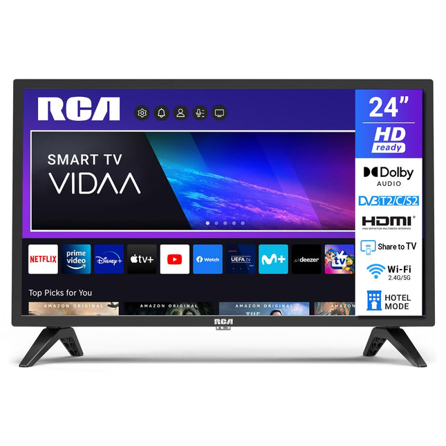 RCA VRS24HF1 nutiteler 24-tolline (60 cm) LED HD VIDAA-teler WiFi-ga, kolmekordse tuuneriga (DVB-T/T2, DVB-C, DVB-S/S2), App Store'i, Netflixi, YouTube'i, HDMI, USB, CI/CI+ ja hotellirežiimiga (2024)