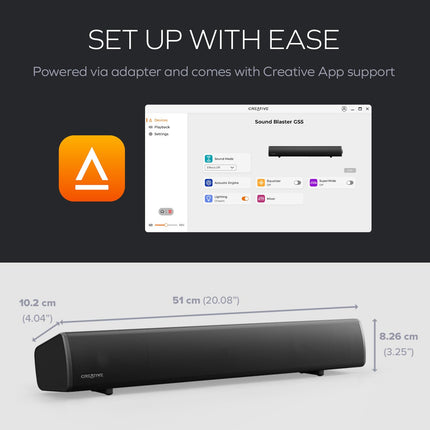 CREATIVE Sound Blaster GS5 RGB mängurikõlar SuperWide tehnoloogiaga, adapteri toega, tippvõimsus kuni 60 W, Bluetooth 5.4, optiline sisend, kõrvaklapiväljund, arvuti ja teleri jaoks