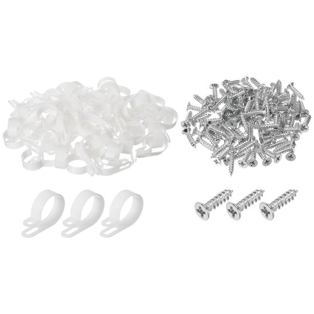 QUARKZMAN R-Type Cable Clip Wire Clamp, 30mm 1.18 inch Nylon Screw Fastening Cable Tie Clips with Screws White for Cable Management Pack of 100