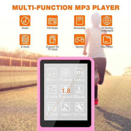 MP3/MP4 Player, Lychee Upgrade, 8 GB Digital Music Player, Portable HiFi Sound with Video/Voice Recording/FM Radio/E-Book Reader, Supports up to 64 GB (Pink)