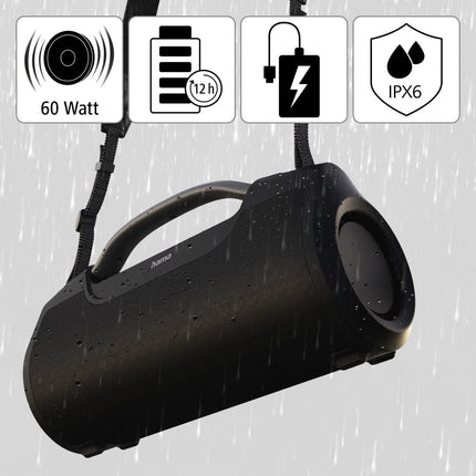 Hama Bluetooth-muusikakarp SoundBarrel (Bluetooth-kõlar, veekindel vastavalt IPX6 standardile, kaasaskantav muusikakarp 60 W, 12-tunnine aku, toiteplokk) must