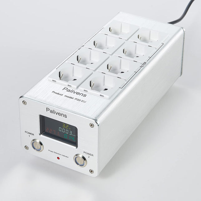 Pailvens HiFi pikendusjuhe, 8-suunaline häirete filtri pistikupesa LCD-ekraaniga, ülepingekaitse, koormuskaitse kuni 15 A, mitmikpesa kõlaritele, CD-DVD-mängija, hõbedane
