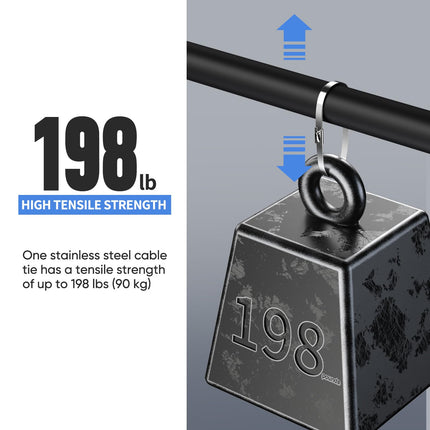 100 tükki ketiga aiasidemeid, 11,8-tollised iselukustuvad metallsidemed, mis on valmistatud 304 roostevabast terasest, laialdaselt kasutatavad fikseeritud aedade, ketiga aiarullide, väljalasketorude, välistingimuste, töökodade jms jaoks.
