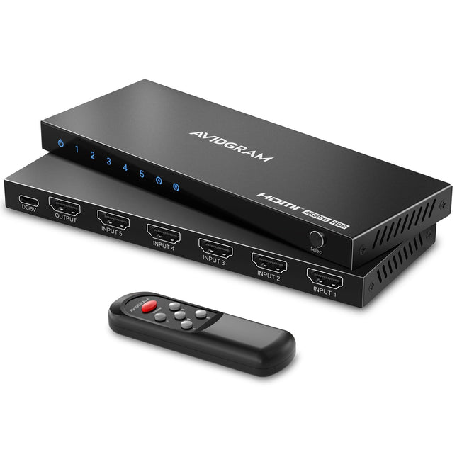 HDMI-lüliti 4K 60Hz, AVIDGRAM HDMI 2.0 lüliti 5 sisendit 1 väljund, 5 pordiga HDMI-valija IR-puldiga, toetab HDCP 2.2 HDR10 3D 18Gbps Xbox PS4 HDTV monitorile