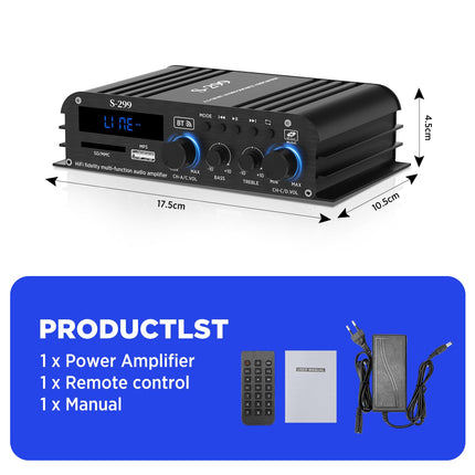 4.1-channel amplifier, 1600W mini hifi amplifier, Bluetooth 5.0 for home speakers 40W x 4 + active subwoofer from 110-240V to 12V with USB TF slot MP3 player with remote control