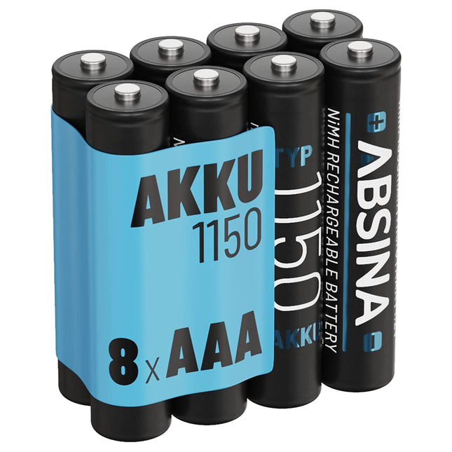 ABSINA 8x AAA patareid 1150 NiMH 1,2 V ja min. 1050 mAh - AAA laetavad akud suure energiatarbega seadmetele - AAA laetavad akud sobivad ideaalselt DECT-telefonidele - AAA Micro patarei