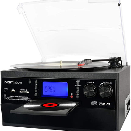 DIGITNOW! Plaadimängija Bluetoothi, USB-plaadimängija ja kodeerimisfunktsiooniga, klassikaline CD-mängija FM-kassetiga, 3 kiirustaset, 33/45/78 p/min, integreeritud kõlarid.