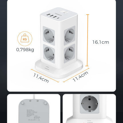 TESSAN 8-suunaline pikendusjuhe USB C ja 3 USB A pistikuga, 5M pikenduskaabel, pikendusjuhe ülepingekaitsega, mitu pistikut lülitiga koduseks kasutamiseks, võimsusmast 3600W