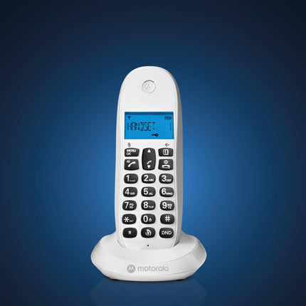 Motorola C1001CBW+ – digitaalne DECT juhtmeta telefon – kõnede blokeerimisrežiim, helistaja ID, valjuhääldi, 50 numbrit mahutav telefoniraamat, taustvalgustusega ekraan – valge