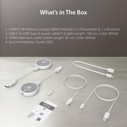 j5create ScreenCast 4K juhtmevaba HDMI saatja ja vastuvõtja, toetab 4K eraldusvõimet ja HDCP-d, WiFi-ühendust pole vaja. 30M/100FT juhtmevaba HDMI-pikendus teleri voogesituseks ja koosolekute voogesituseks (JVAW75)