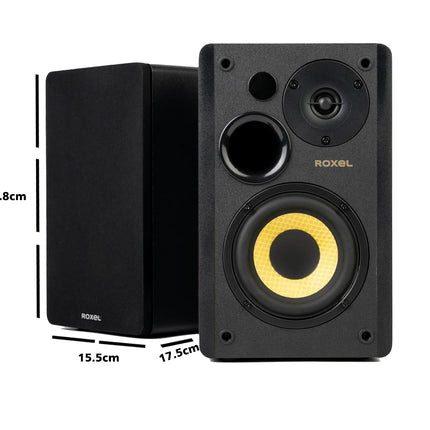 Roxel Soleil aktiivsed riiulikõlarid HiFi-le, subwooferi väljund, 2.0 stereoheli, juhtmevaba BT 5.3, optiline, RCA, USB, HDMI (ARC), sisseehitatud võimendi, reguleeritavad bassid/kõrged sagedused, 3-meetrine kõlarikaabel