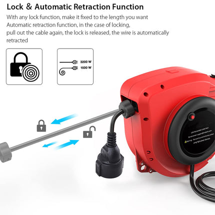Automatic cable reel 15M+1.5M outdoor cable reel, applicable to 1500W (maximum load capacity when unrolled: 3200W) with 180° rotatable wall bracket, reset button and adjustable stop