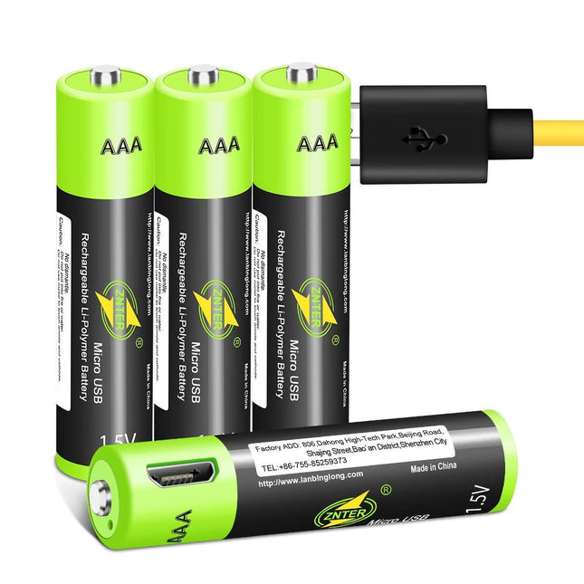 AAA Battery [4 Pack], Rechargeable Micro USB Triple A Lithium Batteries 1.5 V/400 mAh, 1 h Quick Charge Rechargeable Batteries, Not NI-MH/NI-CD/Alkaline Batteries, ECO-Friendly/3000 Cycles