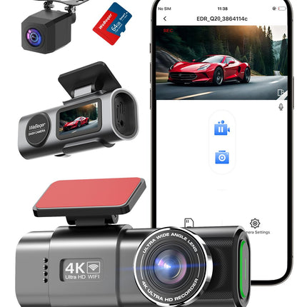 WiFi Dashcam Car Front Rear, 4K+1080P, Car Camera, App Control Car Camera with 64G SD Card, 170°+140° Ultra Wide Angle, Mini 1.47 Inch, Night Vision, WDR, G-Sensor, Loop Recording, Parking Monitoring