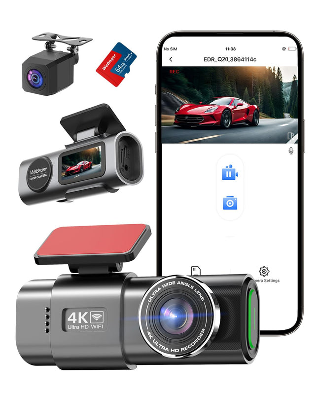 WiFi Dashcam Car Front Rear, 4K+1080P, Car Camera, App Control Car Camera with 64G SD Card, 170°+140° Ultra Wide Angle, Mini 1.47 Inch, Night Vision, WDR, G-Sensor, Loop Recording, Parking Monitoring