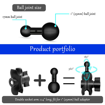 25 mm kuni 17 mm kuuliadapter RAM-kinnitustele, B-suurus, kahe pesaga vars, Garmini 17 mm pöörleva kuuliga kinnitusmuster, GPS-kinnitus (kahe pesaga vars: pikk 6,1 cm)