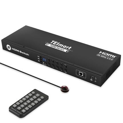 TESmart 8×1 HDMI-lüliti, 8 sisendit, 1 väljund, toetab 4K@60Hz HDCP 2.2, 19-tolliste rackmount kõrvaklappidega | RS-232/LAN-juhtimine | IR-kaugjuhtimispult ja automaatne lüliti | Automaatne skaneerimine eelseadistatud intervalliga, must