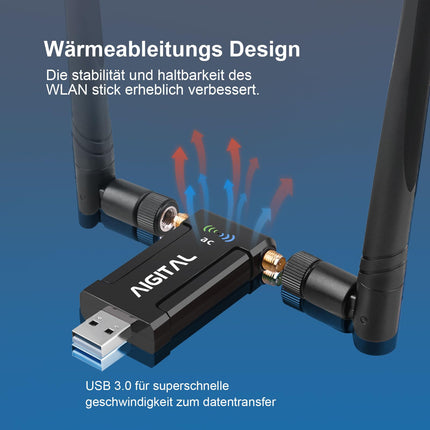 WLAN adapter 1200Mbit/s, WLAN USB stick dual-band 867Mbit/s (5GHz), 300Mbit/s (2.4GHz) WLAN receiver with 2*5dBi antenna and USB 3.0 docking station with 65cm cable for PC desktop laptop Windows/Mac OS