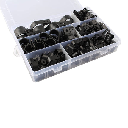 HALJIA 200pcs Black Nylon R Clips Screw Fastening Cable Clips Type P Wire Clips Cable Clamps with Box for Cable Management