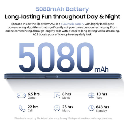 Blackview A53 4G mobiiltelefon ilma lepinguta, Helio A22 7GB 32GB (laiendatav 256GB), 12MP+5MP, 6,5'' HD+ ekraan, 3 kaardipesa, 5080mAh aku, kahe SIM-kaardiga nutitelefon Android 12, GPS hall