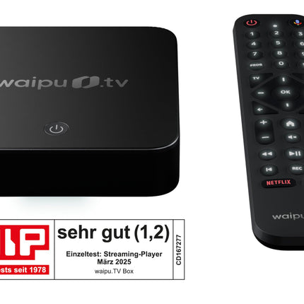 waipu.tv Box | Includes remote control with illumination | TV via Wi-Fi | LAN | HDMI | 4K | HDR10+ | Dolby Vision | Dolby Atmos | Voucher for 3 months of 300 TV channels &amp; 40,000 films &amp; series