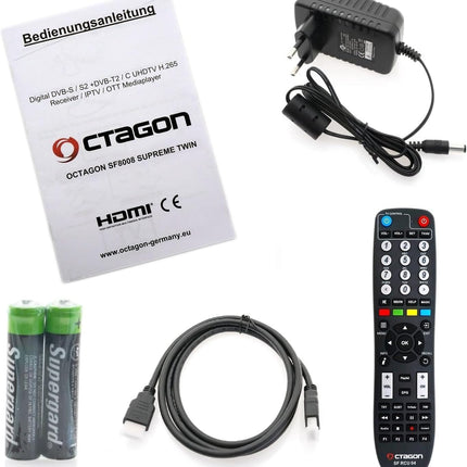 OCTAGON SF8008 UHD 4K Supreme kaksiksatelliidi vastuvõtja, 2x DVB-S2X tuuner, E2 Linux ja Define operatsioonisüsteem, PVR salvestusfunktsiooniga, M.2 M-võti, gigabiti LAN, kaardilugeja, satelliit-IP ühendus, WiFi WLAN + HM-SAT HDMI-kaabel