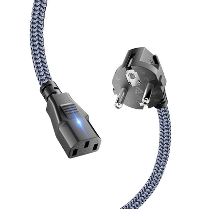 Goalfish 3-kontaktiline toitekaabel, 3,0 m nailonist punutud universaalne toitekaabel (CEE 7/7 kuni C13) VDE sertifikaadiga monitoride, arvutite, printerite, skannerite, telerite, ekraanide, projektorite ja muude seadmete jaoks - hall