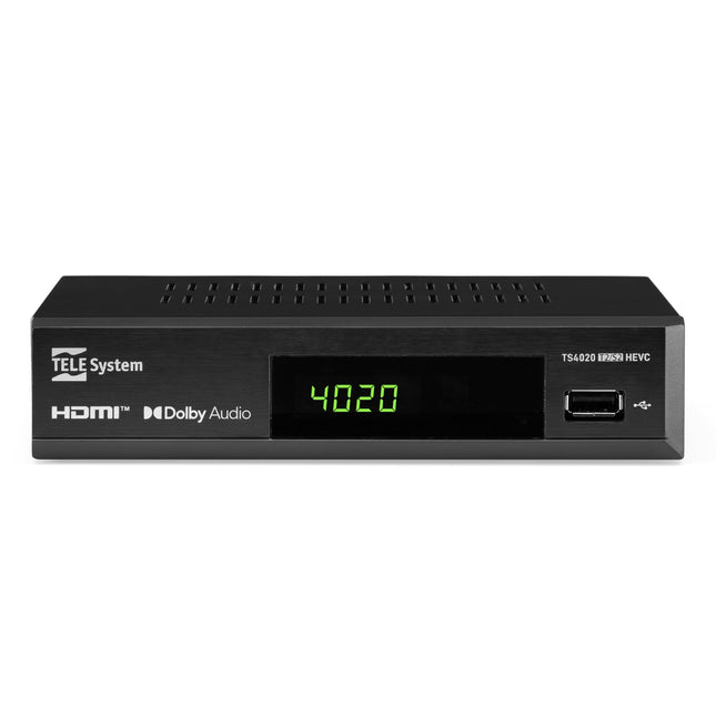 Tele System TS4020 dekooder kahe DVB-T/T2 ja DVB-S/S2 HEVC HD HDR10 HLG tuuneriga, juurdepääs tasuta eetrisse, maapealsele televisioonile ja satelliittelevisioonile ning raadiole. USB-meediapleier muusika ja fotode jaoks.