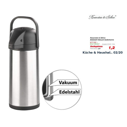 Rosenstein &amp; Söhne pumpkann: Topeltseinaga vaakumisolatsiooniga kann pumbasüsteemiga, roostevabast terasest, 3 liitrit (pumpkann 3 liitrit, kohvidispenser 3, isoleeritud kruus)