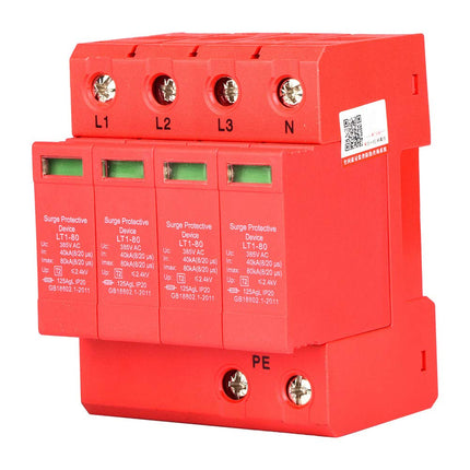 4P Home Surge Protector Low Voltage Arrester 40KA Surge Arrester DIN Rail for Thunder Protection, Three-Phase Four-Wire (4P40KA)